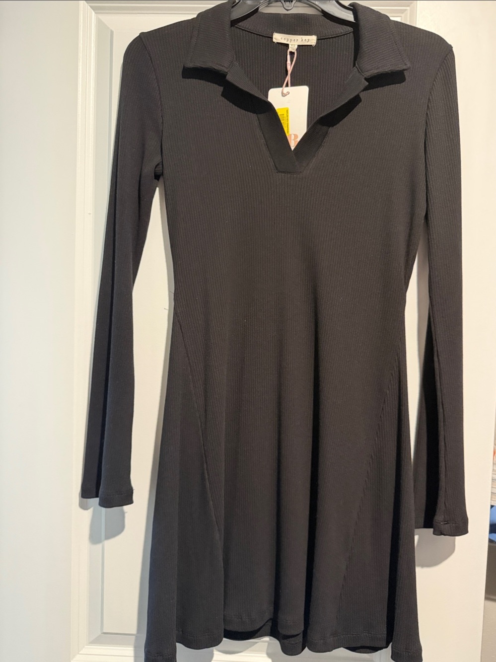Copper Key Black Long Sleeve Ribbed V-Notch Polo Dress